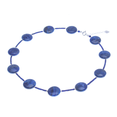 Lapis lazuli beaded necklace, 'Midnight Blue Moon' - Lapis Lazuli Beaded Necklace with Karen Hill Tribe Silver