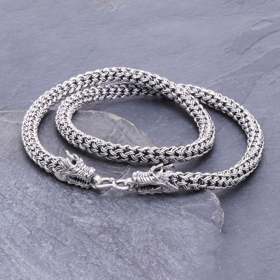 Sterling silver chain necklace, 'Dragon Master' - Hand Made Sterling Silver Naga Chain Dragon Necklace