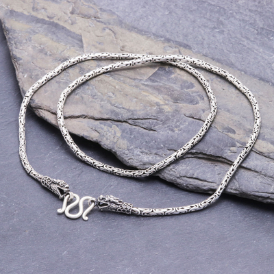 Sterling silver chain necklace, 'Clever Dragon' - Artisan Made Sterling Silver Borobudur Chain Dragon Necklace