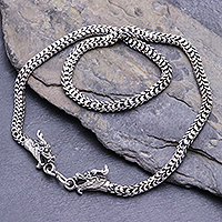 Sterling silver chain necklace, 'Dragon's Riddle' - Thai Hand Crafted Sterling Silver Naga Chain Dragon Necklace