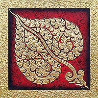 Lámina acrílica y metálica sobre lienzo, 'Bodhi Leaf' - Pintura acrílica y metálica sobre lienzo