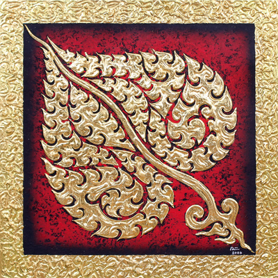 Acrylic and metallic foil on canvas, 'Bodhi Leaf' - Acrylic and Metallic Foil on Canvas Painting