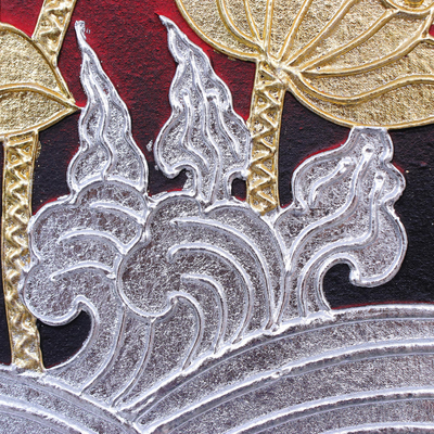 Acrylic and metallic foil on canvas, 'Lotus Wave' - Acrylic and Metallic Foil on Canvas Painting