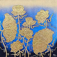 Acrylic and metallic foil on canvas, 'Calm Lotus'
