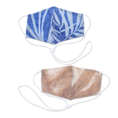 Cotton face masks, 'Blue Autumn' (pair) - Eco-Printed Reusable Cotton Face Masks Pair