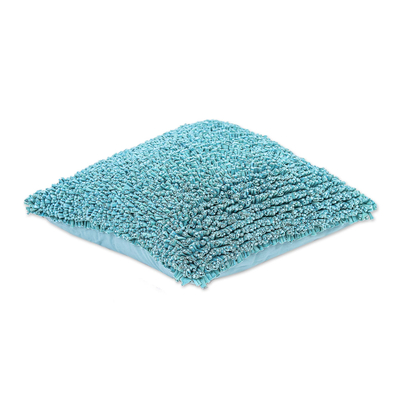 Cotton cushion cover, 'Popcorn in Turquoise' - Eco-Friendly Hand Knit Cotton Cushion Cover from Thailand