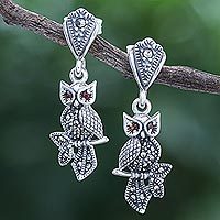 Marcasite and garnet dangle earrings, 'Omniscient Owl'