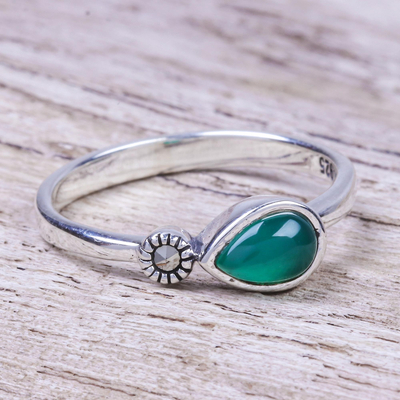 Onyx and marcasite cocktail ring, 'Verdant Tear' - Green Onyx and Marcasite Cocktail Ring