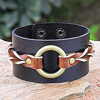 Leather wristband bracelet, 'Chocolate Summer' - Thai Hand Made Leather and Brass Wristband Bracelet