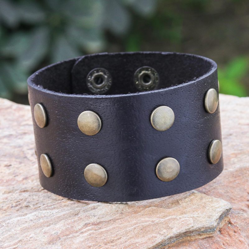 Leather wristband bracelet, 'Chocolate Stud'