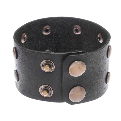 Leather wristband bracelet, 'Chocolate Stud' - Hand Crafted Leather and Brass Stud Wristband Bracelet