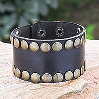 Leather wristband bracelet, 'Delicate Stud' - Thai Handmade Leather and Brass Stud Wristband Bracelet