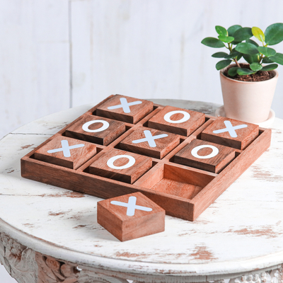 Wood game, 'Simple Strategy' - Hand Painted Tic-Tac-Toe Raintree Wood Game from Thailand