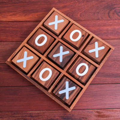 Wood game, 'Simple Strategy' - Hand Painted Tic-Tac-Toe Raintree Wood Game from Thailand