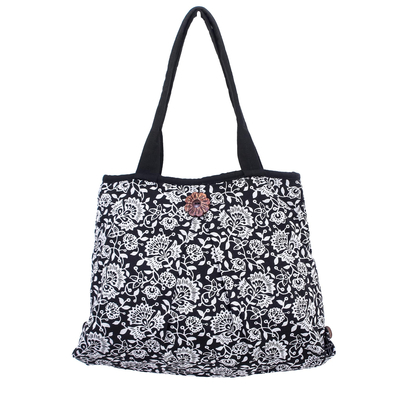 Cotton Zippered Tote Bag with Interior Pockets Black Floral