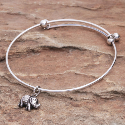 Sterling silver bangle charm bracelet, 'Good Luck Elephant' - Artisan Made Sterling Silver Bangle Charm Bracelet