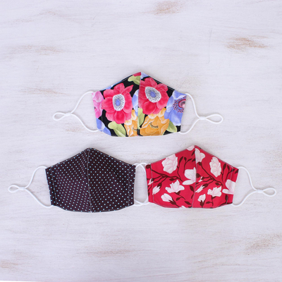 Cotton face masks, 'Blooming in Reds' (set of 3) - Set of 3 Cotton Triple Layer Reusable Face Masks