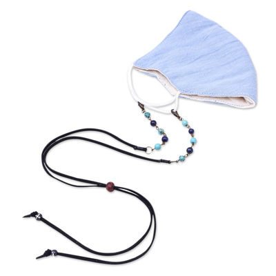 Beaded face mask lanyard, 'Smart Style in Blue' - Lapiz Lazuli and Faux Suede Face Mask Lanyard