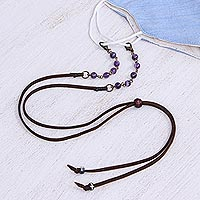 Beaded face mask lanyard, 'Smart Style in Purple' - Faux Brown Suede Face Mask Lanyard with Amethyst