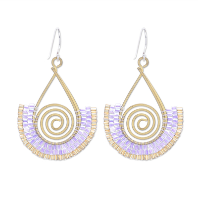 Lavender and Gold Glass Bead Spiral Dangle Earrings