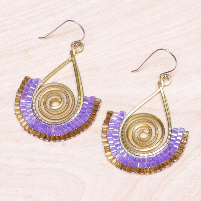 Glass bead and brass wire dangle earrings, 'Spiral Fan in Lavender' - Lavender and Gold Glass Bead Spiral Dangle Earrings