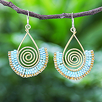 Glass bead and brass wire dangle earrings, 'Spiral Fan in Aqua'