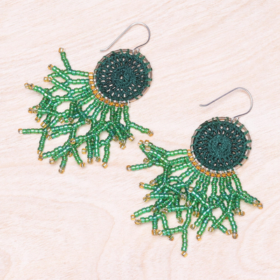 Glass bead crocheted dangle earrings, 'Dreaming Tree in Green' - Crocheted Dreamcatcher Earrings with Green Glass Beads