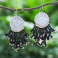 Glass bead crocheted dangle earrings, 'Dreaming Tree in Black' - Crocheted Dreamcatcher Earrings with Black Glass Beads