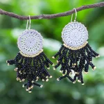 Glass bead crocheted dangle earrings, 'Dreaming Tree in Black' - Crocheted Dreamcatcher Earrings with Black Glass Beads