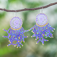 Glass bead crocheted dangle earrings, 'Dreaming Tree in Orchid' - Crocheted Dreamcatcher Earrings with Orchid Glass Beads