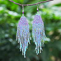 Quartz and glass bead long dangle earrings, 'Streamers in Purple' - Long Quartz and Glass Bead Dangle Statement Earrings