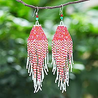 Multi-gemstone and glass bead dangle earrings, 'Streamers in Salmon' - Multi-gemstone and Glass Bead Dangle Statement Earrings