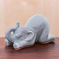Celadon ceramic figurine, 'Elephant Puppy Pose' - Hand Made Ceramic Elephant Yoga Figurine