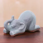Celadon ceramic figurine, 'Elephant Puppy Pose' - Hand Made Ceramic Elephant Yoga Figurine