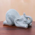 Celadon ceramic figurine, 'Elephant Puppy Pose' - Hand Made Ceramic Elephant Yoga Figurine