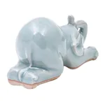 Celadon ceramic figurine, 'Elephant Puppy Pose' - Hand Made Ceramic Elephant Yoga Figurine