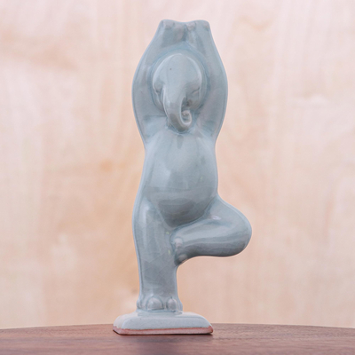 Celadon ceramic figurine, 'Elephant Tree Pose' - Ceramic Elephant Yoga Figurine from Thailand