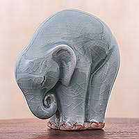 Figura de cerámica Celadon, 'Elephant Forward Bend' - Figura de cerámica con temática de yoga de elefante de Tailandia