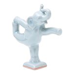 Celadon ceramic figurine, 'Elephant Mountain Pose' - Handmade Ceramic Elephant Yoga-Themed Figurine