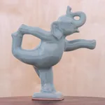 Celadon ceramic figurine, 'Elephant Mountain Pose' - Handmade Ceramic Elephant Yoga-Themed Figurine