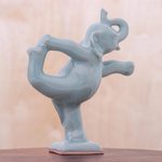 Celadon ceramic figurine, 'Elephant Mountain Pose' - Handmade Ceramic Elephant Yoga-Themed Figurine