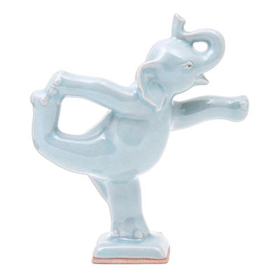 Celadon ceramic figurine, 'Elephant Mountain Pose' - Handmade Ceramic Elephant Yoga-Themed Figurine