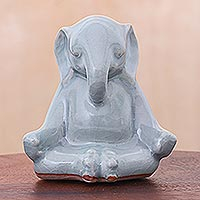 Celadon ceramic figurine, 'Elephant Yoga' - Artisan Made Ceramic Elephant Yoga-Themed Figurine