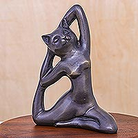 Brass sculpture, 'Forward Fold Cat Yoga' - Hand Made Brass Yoga Themed Cat Sculpture