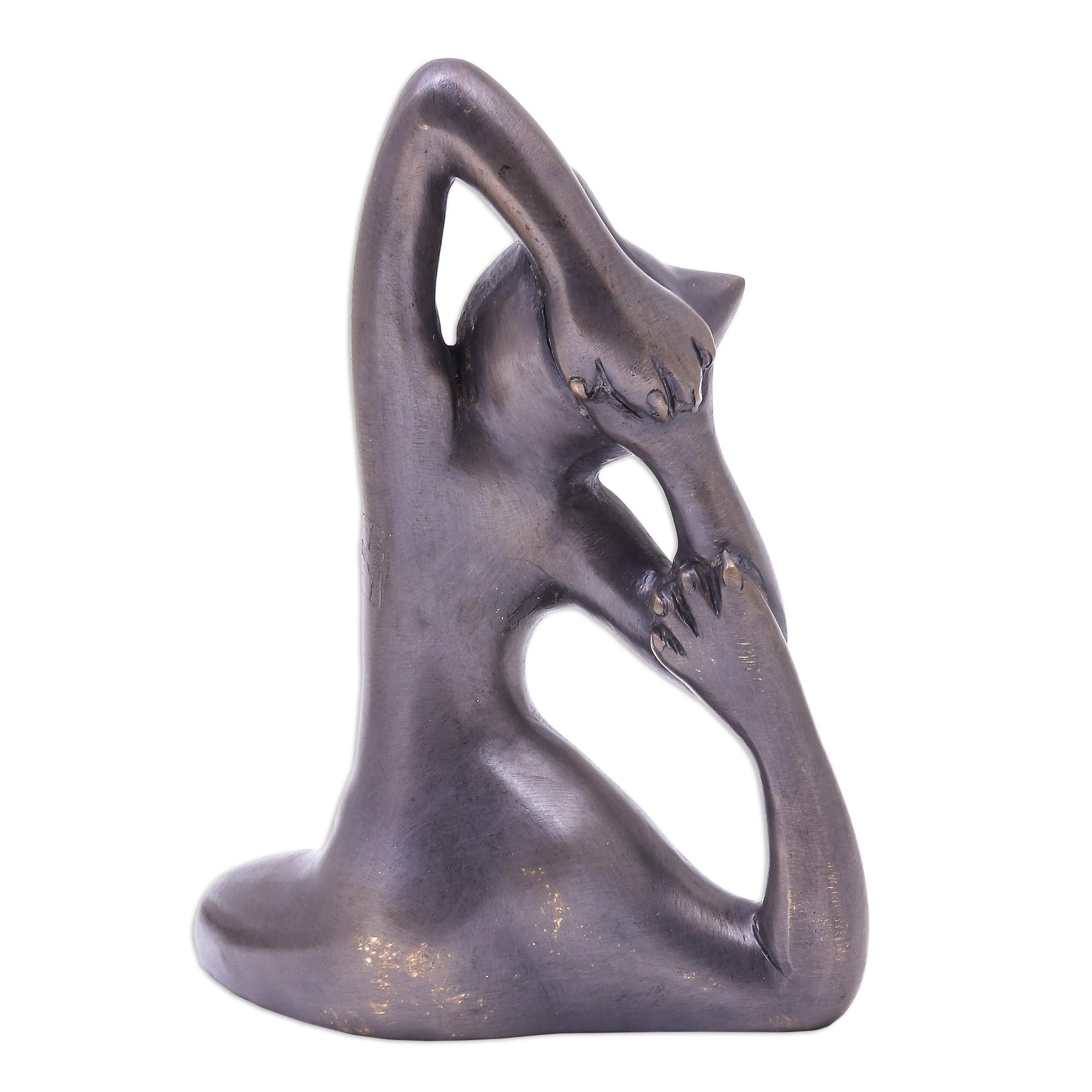 Hand Made Brass Yoga Themed Cat Sculpture Forward Fold Cat Yoga NOVICA