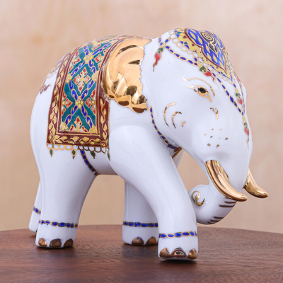 Benjarong porcelain figurine, 'Aristocratic Elephant' - Hand Painted Gilded Porcelain Elephant Figurine