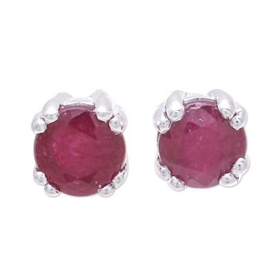 Ruby stud earrings, 'Juicy' - Faceted Round Ruby and Sterling Silver Stud Earrings