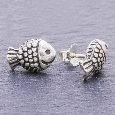 Sterling silver stud earrings, 'Joyful Fish' - Hand Made Sterling Silver Stud Fish Earrings