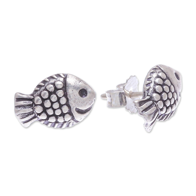 Sterling silver stud earrings, 'Joyful Fish' - Hand Made Sterling Silver Stud Fish Earrings