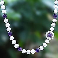 Amethyst and cultured pearl beaded necklace, 'Saturn's Ring' - Cultured Pearl and Amethyst Bead Pendant Necklace